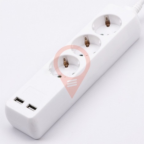 3 Ways Socket with 2 USB White Cable 5m