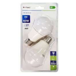 Bec LED - 9W E27 A60 Termoplastic, Alb Cald 2Buc./Pachet
